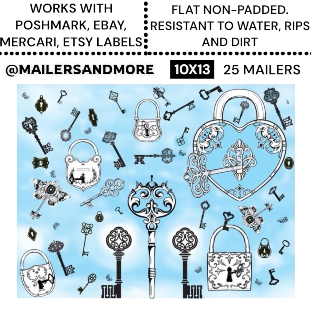 25 10X13 Poly Mailers Skeleton Key and Padlocks Shipping Envelopes PRICE IS FIRM